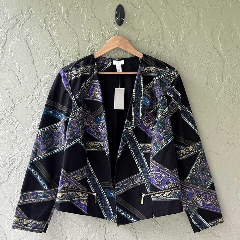 Chico's Women's Size 3 Multicolor XL Paisley Stripe Long Sleeves Moto Jacket NWT - Picture 5 of 11